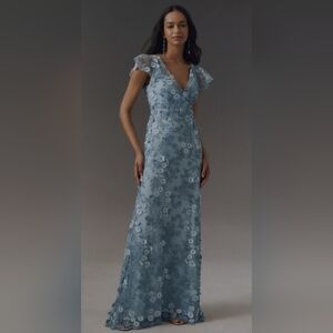 Mac Duggal Anthropologie Light Blue dress Beaded gown Wedding  Flutter Sleeve 4